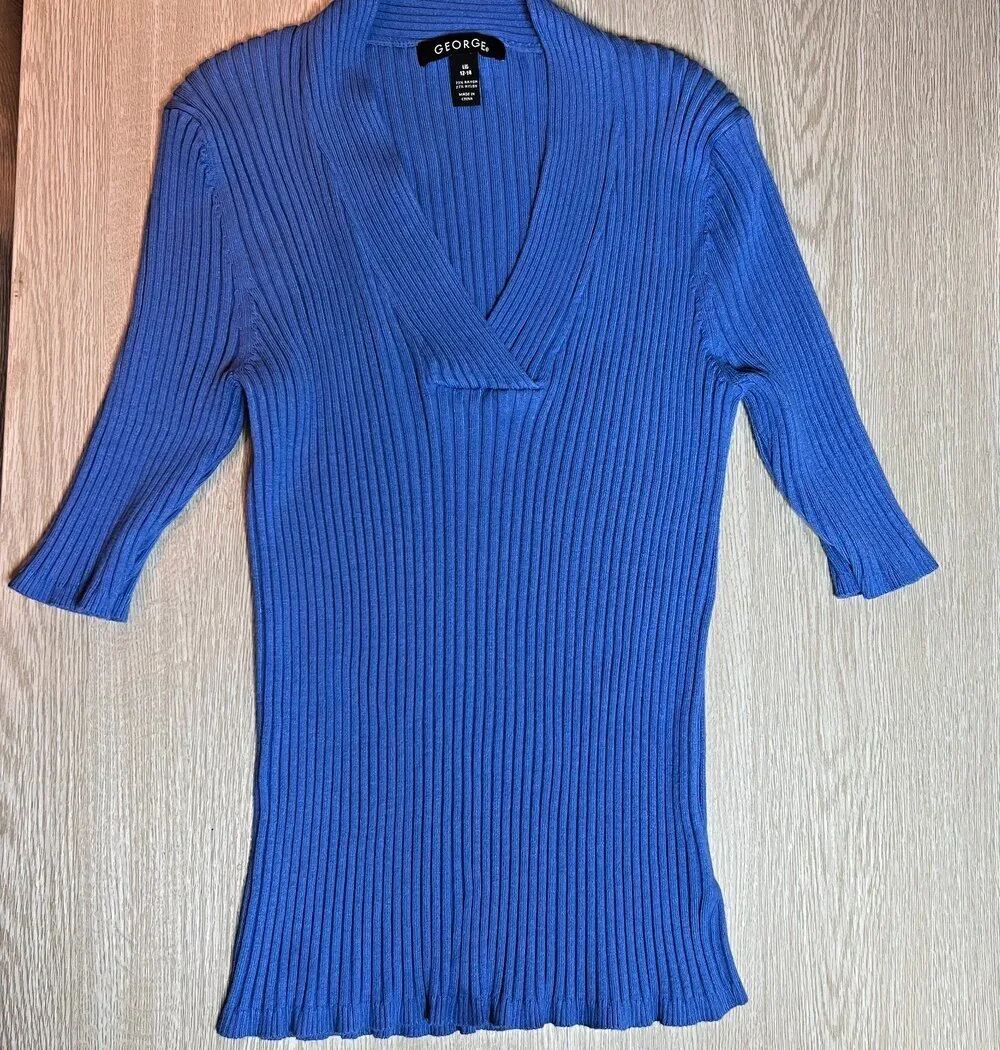 George Sweater Womens L Cornflower Blue Ribbed V-Neck Half Sleeve